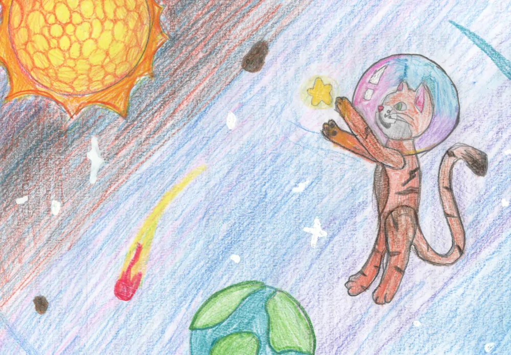 The triangular structure of Reaching for the Stars, with Earth below and the cat’s paws and gaze directed through a small star towards the Sun.