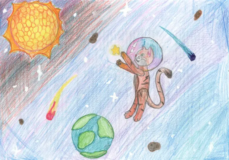Slava Romanenko’s drawing Reaching for the Stars, showing a cat pushing away from Earth and rising towards the stars.
