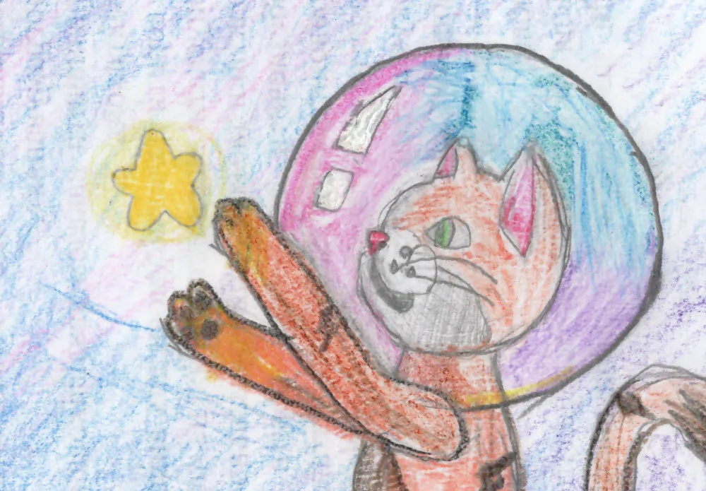 A cat in Reaching for the Stars appears to push away from Earth and stretch its paws towards the stars.