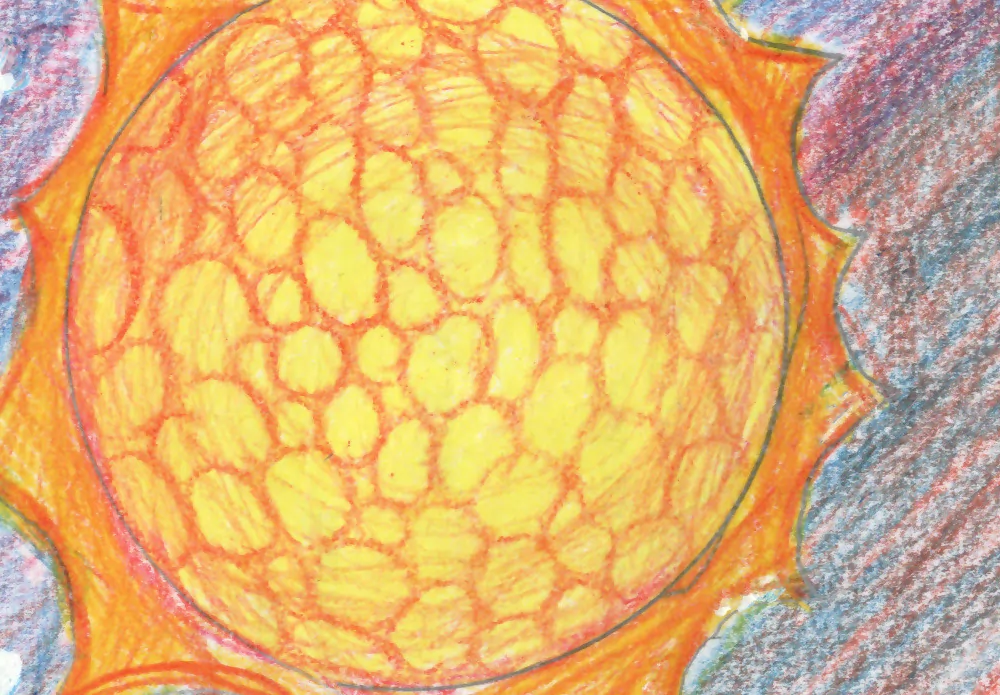 The texture of the Sun in Reaching for the Stars, created with several coloured pencils.