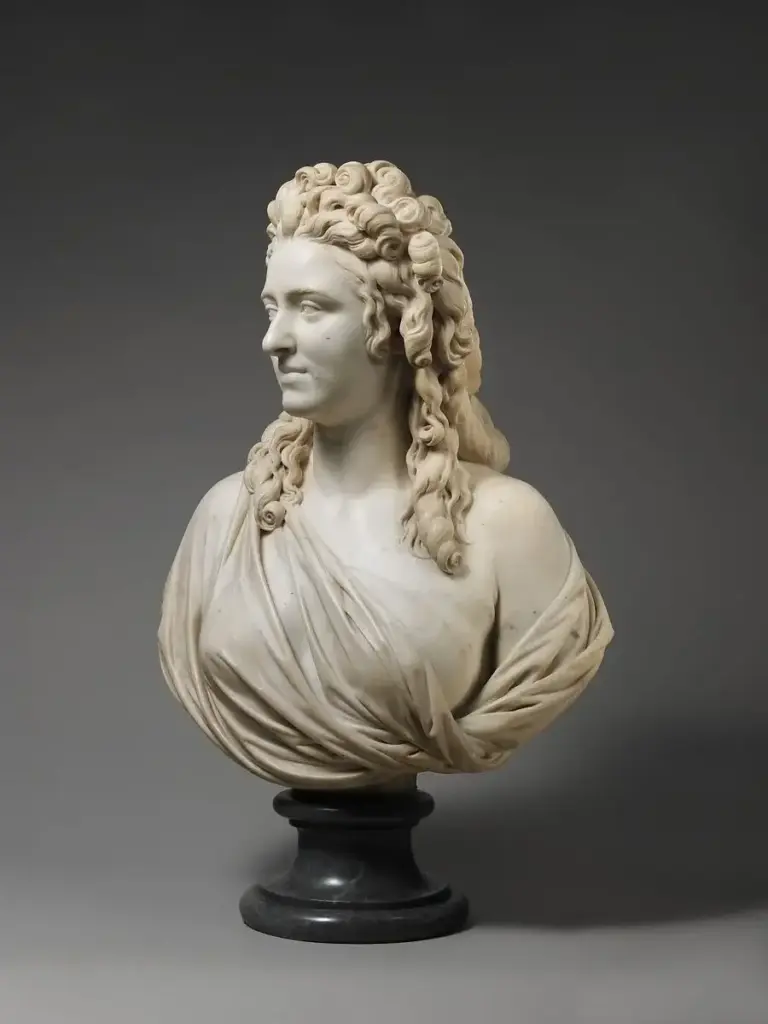 Marble portrait bust of Madame de Wailly viewed from the left in three-quarter view.
