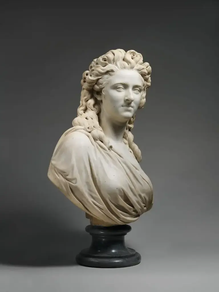 Marble portrait bust of Madame de Wailly viewed from the right in three-quarter view.