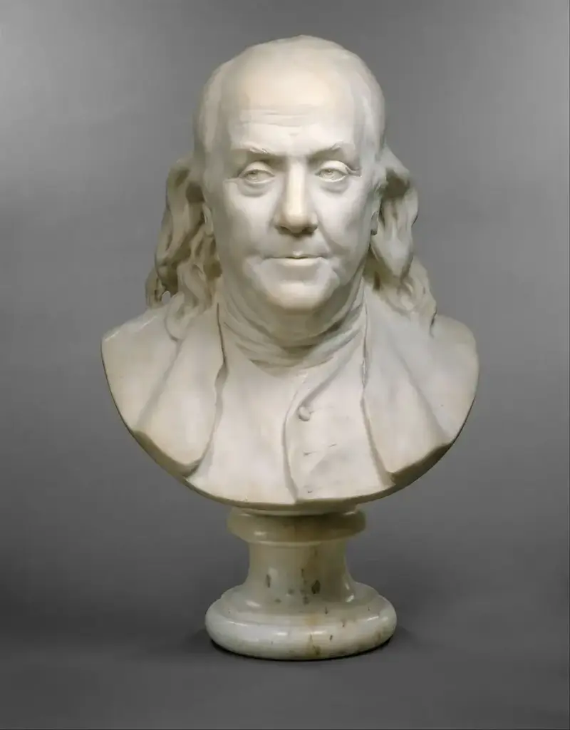 Marble portrait bust of Benjamin Franklin by Jean Antoine Houdon, 1778.