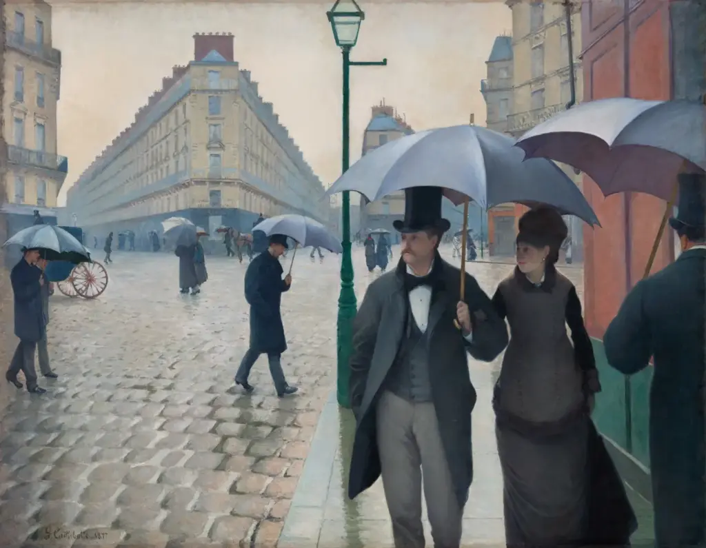 Gustave Caillebotte’s Paris Street; Rainy Day, showing pedestrians with umbrellas at a broad Paris intersection.
