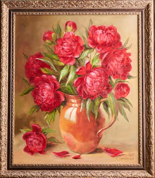 Peonies (2017) by Liudmyla Haftkovych, framed oil-on-canvas still-life painting