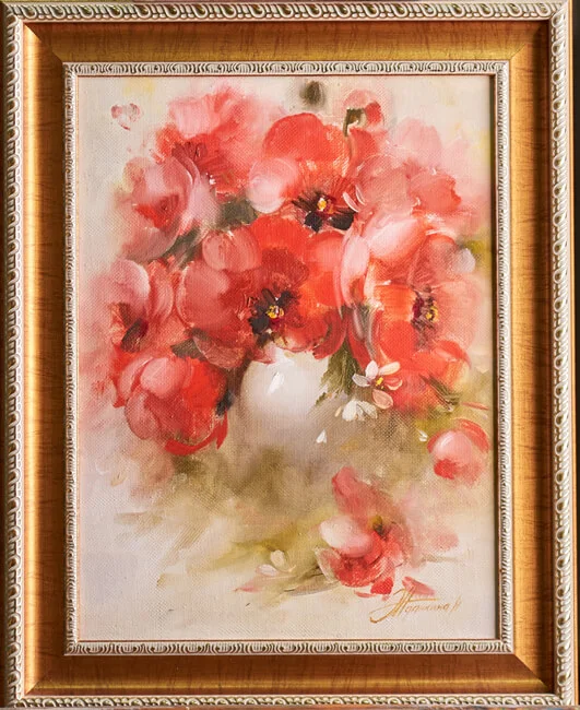 Poppies, framed oil-on-canvas painting by Natalya Zhdankina