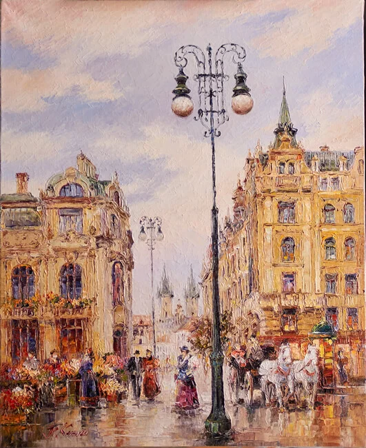 Old Prague (2020), an oil-on-canvas cityscape by Tetiana Knysh